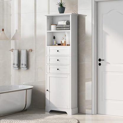 67" H Storage Cabinet with Drawers and Door, Tall Bookshelf Space Saver for Bathroom or Kitchen, Adjustable Shelf, White