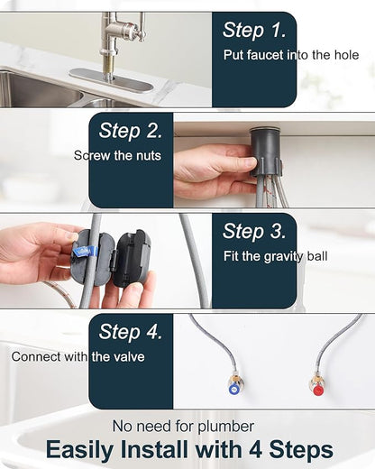 Brushed Nickel Kitchen Faucet with Sprayer, 3 Modes Pull Down Kitchen Sink Faucets, 304 Stainless Steel Suit 3 Hole or 1 Hole with Deck Plate & Pipes