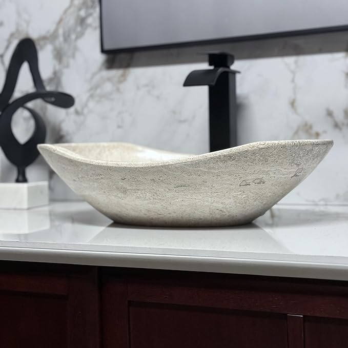Shades of Nature Oval Travertine Vessel Sink – Natural Stone Wash Basin, Fully Polished Bathroom Sink, Above Counter Vanity Basin (Includes Matching Soap Tray)