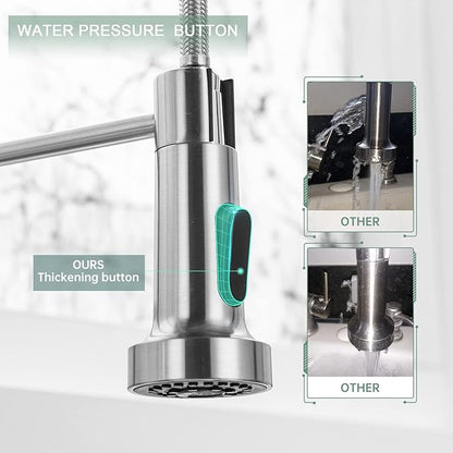 WEWE Kitchen Faucets, Brushed Nickel Kitchen Faucet with Pull Down Sprayer, Industrial Spring Single Handle Stainless Steel Kitchen Sink Faucet with Deck Plate, 1 Hole or 3 Hole for Laundry Rv