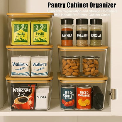 CiWiVOKi 6 Pack Clear Storage Bins with Bamboo Lids - Stackable Pantry Organization and Storage Containers with Handles - 3.7L Large BPA-Free Plastic Organizer for Kitchen, Fridge, Bathroom & Closet