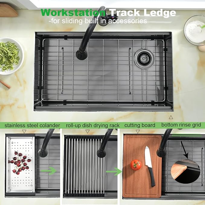 33 Black Undermount Kitchen Sink, 33x19 Stainless Steel Workstation Kitchen Sink with Offset Drain 16 Gauge Single Bowl Deep Basin