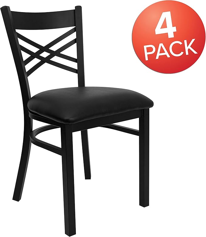 Flash Furniture 4 Pack HERCULES Series Black ''X'' Back Metal Restaurant Chair - Black Vinyl Seat