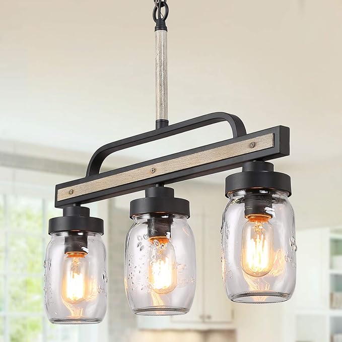 LOG BARN Rustic Mason Jar Chandelier, Farmhouse Lighting Metal Finish, Glass Hanging Pendant for Dining Room, Kitchen Island