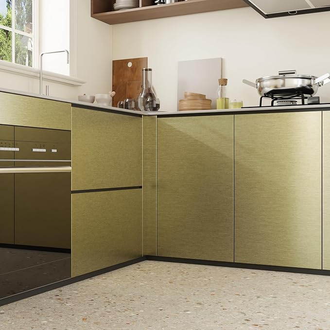 CRE8TIVE Thick Champagne Olive Gold Brushed Metallic Wallpaper for Kitchen Stainless Steel Contact Paper 12"x354" Removable Adhesive Gold Peel and Stick Wallpaper for Cabinets Backsplash Appliances