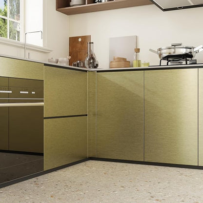 CRE8TIVE Thick Champagne Olive Gold Brushed Metallic Wallpaper for Kitchen Stainless Steel Contact Paper 12"x354" Removable Adhesive Gold Peel and Stick Wallpaper for Cabinets Backsplash Appliances