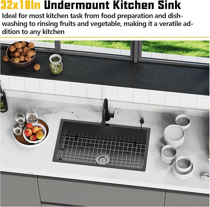Black 32x18 Inch Undermount Kitchen Sink-Stainless Steel Single Bowl Drop In Kitchen Sink Stylish And Modern Look With Bottom Grid,Silicon Mat And Drain Assembly Add Elegance & Enhance Usability