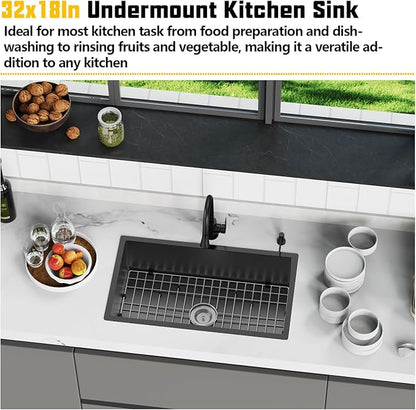 Black 32x18 Inch Undermount Kitchen Sink-Stainless Steel Single Bowl Drop In Kitchen Sink Stylish And Modern Look With Bottom Grid,Silicon Mat And Drain Assembly Add Elegance & Enhance Usability