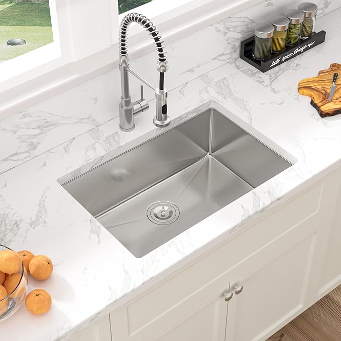 Sarlai 27 Undermount Kitchen Sink - 27 x 18 Kitchen Sink Undermount Single Bowl 16 Gauge Stainless Steel Under Counter Kitchen Sinks Round Corner Basin