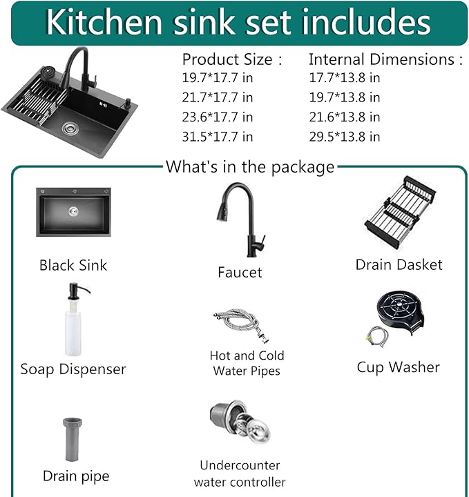 Black Kitchen Sink with Faucet, Top Mount/Drop-In 3 Hole Single Bowl Stainless Steel Sink with Cup Washer, Soap Dispenser, Drainage kit for Bar, Kitchen, Balcony (19.7 * 17.7in)