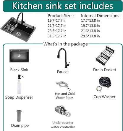 Black Kitchen Sink with Faucet, Top Mount/Drop-In 3 Hole Single Bowl Stainless Steel Sink with Cup Washer, Soap Dispenser, Drainage kit for Bar, Kitchen, Balcony (19.7 * 17.7in)