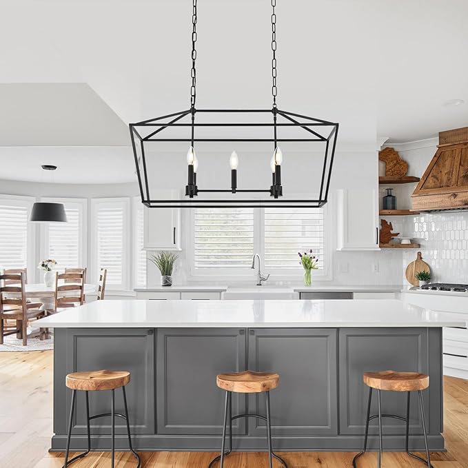 5-Light Kitchen Island Linear Chandelier Large Farmhouse Black Pendant Lighting for Dining Room Over Table Vintage Lantern Hanging Light Fixture, Sloped Ceiling
