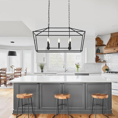5-Light Kitchen Island Linear Chandelier Large Farmhouse Black Pendant Lighting for Dining Room Over Table Vintage Lantern Hanging Light Fixture, Sloped Ceiling