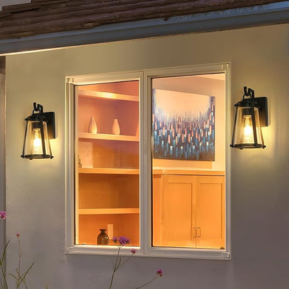 Outdoor Wall Lantern Light Fixture, Black Exterior Wall Mounted Sconces with Seeded Glass, Farmhouse Anti-Rust Porch Lights for Front Door, Garage, Entry, Porch, Patio, and Gazebo
