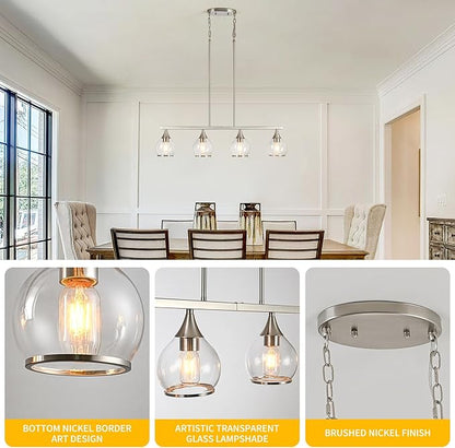 Island Light for Kitchen, 4-Light Brushed Nickel Island Pendant Lighting with Clear Round Glass Shades for Kitchen, Dining Table, Living Room