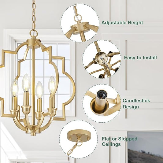 4-Light Small Gold Chandelier, 15.6 inch Farmhouse Light Fixtures for Dining Room, Champagne Gold Pendant Light for Entryway Foyer Kitchen Island