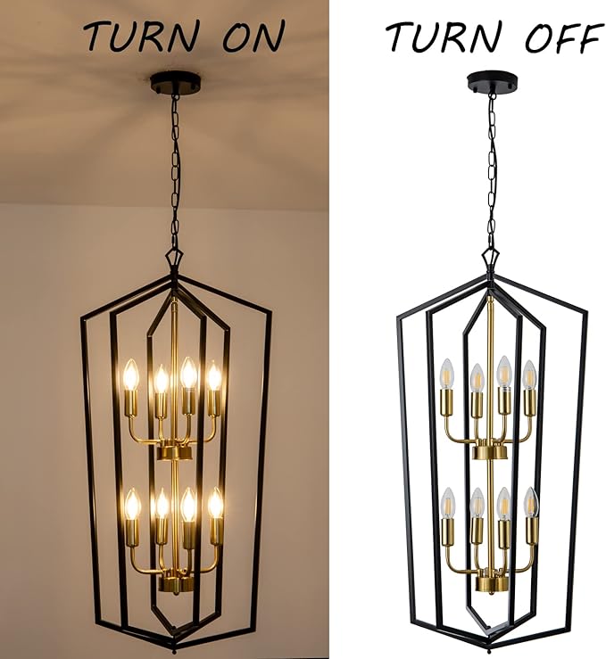 Lanhall 8-Light Lantern Tired Farmhouse Ceiling Hanging Light Black Chandelier Metal Modern Pendant Light Fixtures for Kitchen Island Dining Room Living Room Foyer Entryway-Brushed Brass