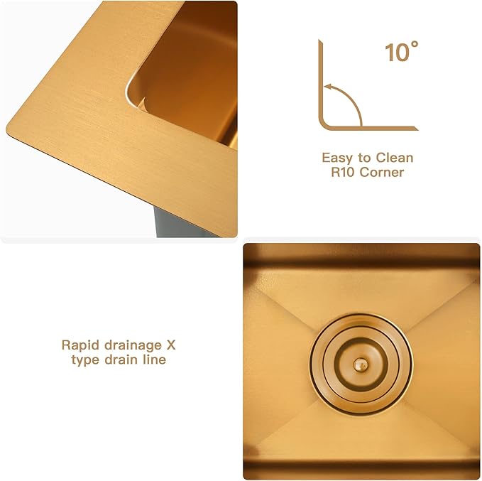 Gold Bar Sink,15 Inch Drop In Gold Kitchen Sink, 15" x 15" x 9" Small but Deep Single Bowl RV Kitchen Sinks, 16 Gauge SUS304 Stainless Steel All In One Workstation Sinks with Accessories