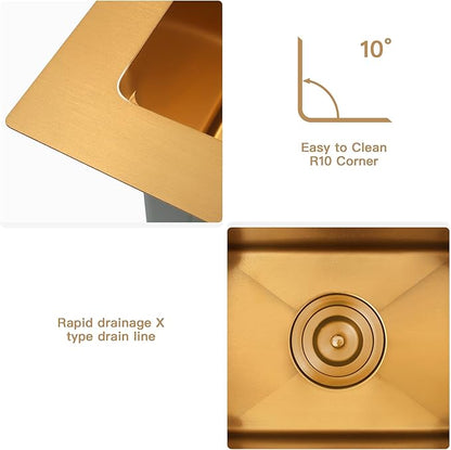 Gold Bar Sink,15 Inch Drop In Gold Kitchen Sink, 15" x 15" x 9" Small but Deep Single Bowl RV Kitchen Sinks, 16 Gauge SUS304 Stainless Steel All In One Workstation Sinks with Accessories