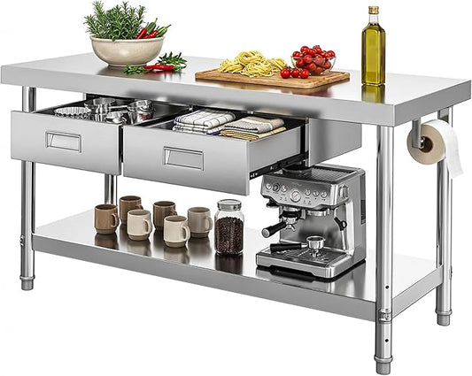 DWVO 60x24in Stainless Steel Table, NSF Metal Prep Worktable with 2 Drawers for Kitchen Restaurant Hotel Garage Warehouse Home