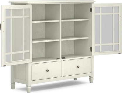 SIMPLIHOME Connaught Storage Cabinet - 46 inch Wide Solid Wood Tall Cabinet in Antique White, Traditional Console for Living Room or Dining Room with Glass Doors, Adjustable Shelves, and Drawers