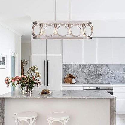 XINGQI Kitchen Island Chandelier for Dining Room Modern Farmhouse Brushed Nickel Rectangle Pendant Lighting Fixture Vintage Linear Hanging 4-Light Rustic Living Room Lights