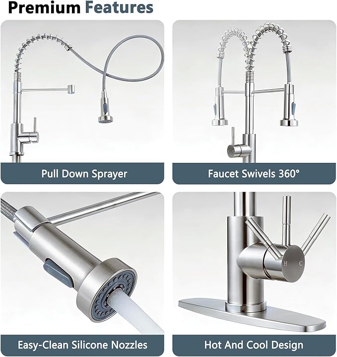Friho Brushed Nickel Kitchen Faucets with Pull Down Sprayer, Stainless Steel Single Handle Kitchen Faucet, 1 Hole Or 3 Hole Dual Function Spring Pull Out Sink Faucets for Farmhouse RV Camper Laundry