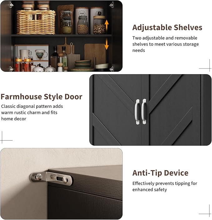 IDEALHOUSE 70" Kitchen Pantry Storage Cabinet, Farmhouse Kitchen Cabinet with 4 Doors & 3 Adjustable Shelves, Freestanding Cupboard for Dining Room,Living Room,Black