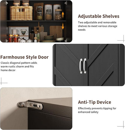 IDEALHOUSE 70" Kitchen Pantry Storage Cabinet, Farmhouse Kitchen Hutch Cabinet with 4 Doors & 2 Adjustable Shelves, Freestanding Cupboard with Microwave Stand for Dining Room,Living Room,Black