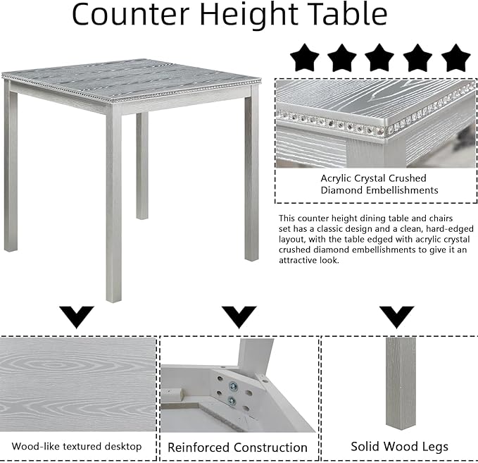 Dining Table Set for 4, 5-Piece Dining Room Table Set with Square Crystal Decoration Table & 4 Upholstered Backrest Chairs, Counter Height Kitchen Sets with Wood Grain & Footrest, Silver Gray