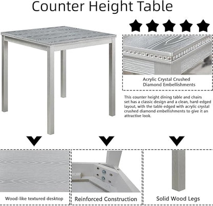 Dining Table Set for 4, 5-Piece Dining Room Table Set with Square Crystal Decoration Table & 4 Upholstered Backrest Chairs, Counter Height Kitchen Sets with Wood Grain & Footrest, Silver Gray