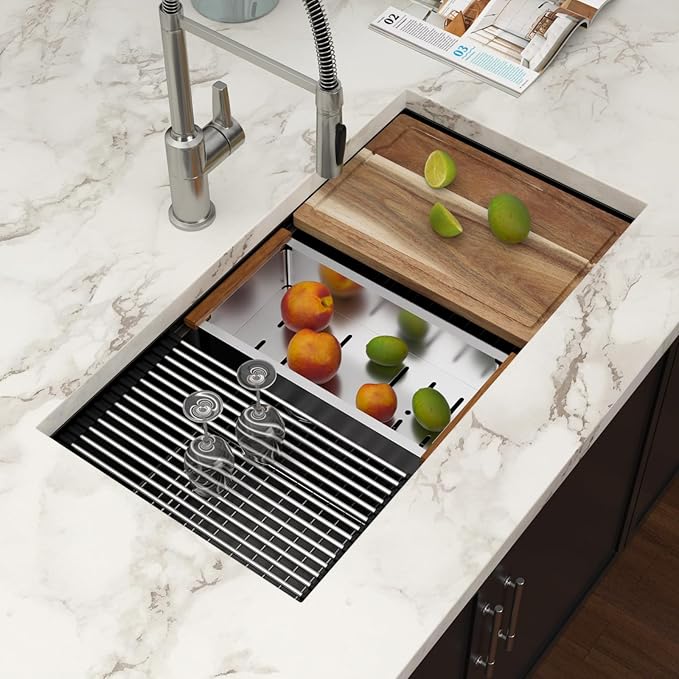 33 Inch Black Undermount Kitchen Sink Workstation- Couoko Matte Black 16 Gauge T304 Stainless Steel Single Bowl Undermount Sinks NANO PVD Large Deep Handmade Round Corner Sinks Basin, 33"x19"x9"