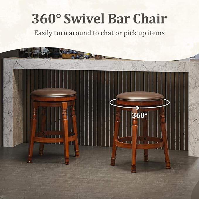 Giantex Swivel Bar Stools Set of 2, 24" Counter Height Bar Stools w/Faux Leather Padded Seat, Footrests, Solid Wooden Frame, Farmhouse Backless Barstools for Kitchen Island, Pub, Dining Room, Cafe