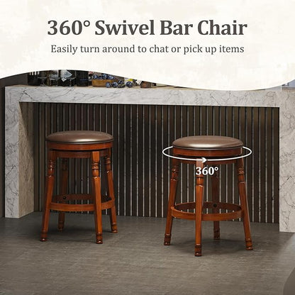 Giantex Swivel Bar Stools Set of 2, 24" Counter Height Bar Stools w/Faux Leather Padded Seat, Footrests, Solid Wooden Frame, Farmhouse Backless Barstools for Kitchen Island, Pub, Dining Room, Cafe