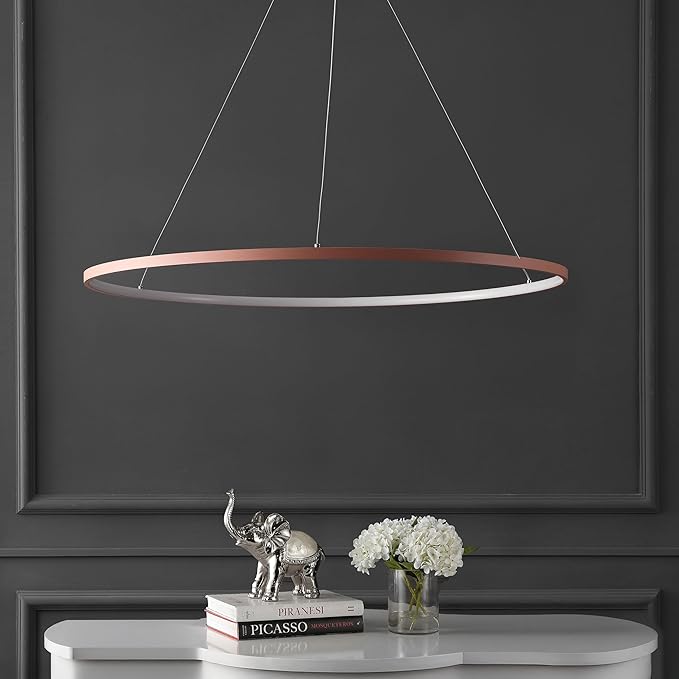 JONATHAN Y 35" Matte Pink Modern Integrated LED Pendant Light, Dimmable Round Hoop Chandelier for Kitchen Island, Dining Room, Adjustable Height Metal Hanging Light (JYL7220B)