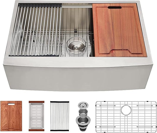 Lordear 33 Farmhouse Sink Stainless Steel Apron Front Ledge Workstation Deep Single Bowl 16 Gauge Stainless Steel Kitchen Farm Kitchen Sinks with Accessories, 9" Apron Height
