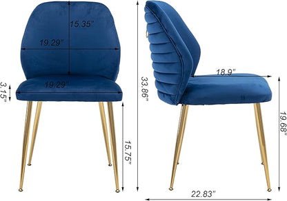 Modern Velvet Dining Chairs Set of 2, Woven Accent Kitchen Chairs with 4 Sturdy Golden Metal Legs, Luxurious Armless Side Chair with Ring for Indoor, Kitchen Island , Dining Room, Living Room (Blue)