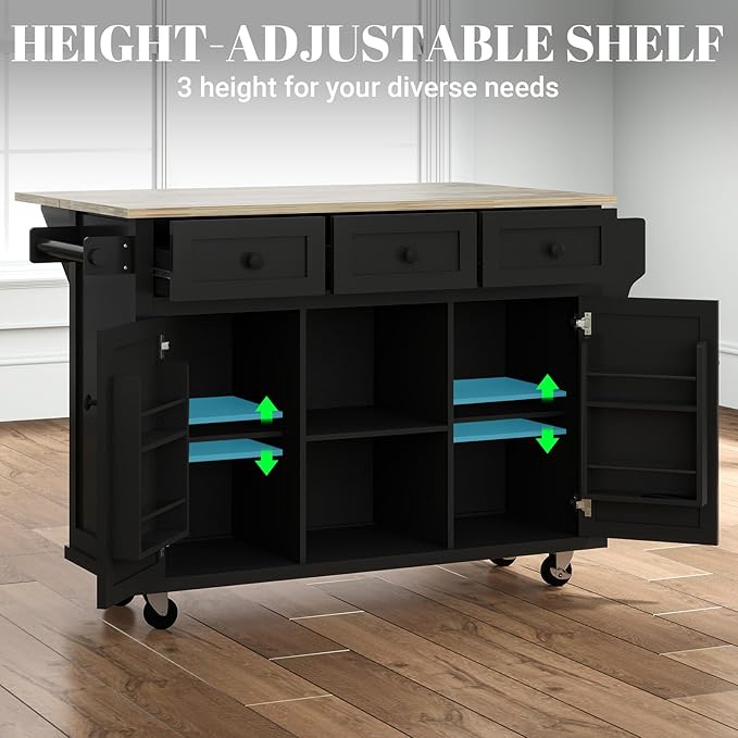 Rovibek Kitchen Island with Drawers 53 in Rolling Island Cart Mobile Portable Islands on Wheels Solid Wood Island with Storage Cabinet & Drawers, Jet Black