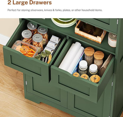TEENFON Kitchen Pantry Cabinet with Adjustable Shelf, Tall Storage Cabinet with 2 Drawers & 4 Door Shelves, Food Pantry Cabinets, for Kitchen, Dining Room, Living Room, Green