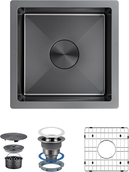 15x15 Gunmetal Black Bar Sink Undermount, Stainless Steel Single Bowl Handmade Square Wet Bar & Prep Under Counter Small Kitchen Sinks with Grid