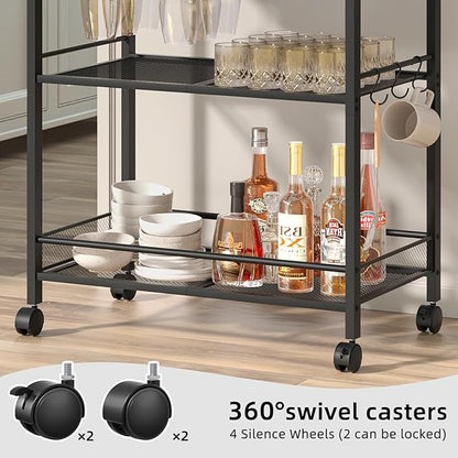 Joaxswe Bar Cart, Home Bar Serving Cart with 3-Tier Shelf,Microwave Cart with Lockable Wheels,Mobile Kitchen Shelf,Rolling Beverage Cart with Wine Rack and Glass Holder for Kitchen,Dinning Room,Black