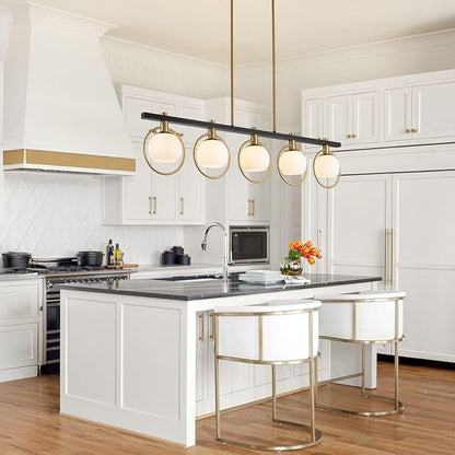 WJShome Black and Gold Farmhouse Chandelier, Dining Room Light Fixture Over Table, 5-Light Kitchen Island Lighting, Adjustable Height Linear Chandeliers, with Milk Glass Shades