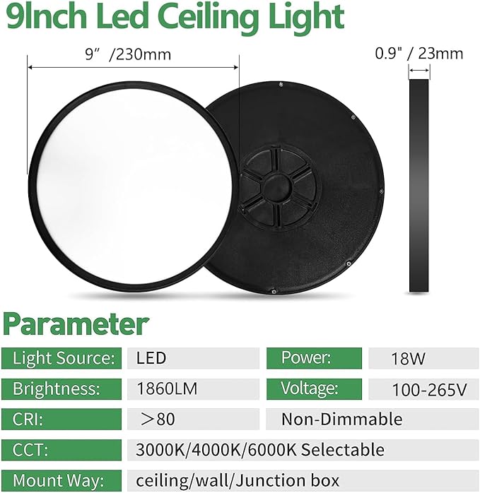 4PK 9 Inch LED Flush Mount Ceiling Light, 18W, 1860LM, 3000K/4000K/6000K CCT Selectable, Round Flat Panel Low Profile Ceiling Light Fixtures for Hallway, Kitchen, Bedroom, Laundry Room