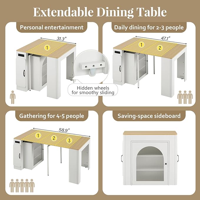 Extendable Dining Table with 3 Removable Middle Leaves, Mobile Rolling Island Table with Power Outlet, Rolling Kitchen Cart with Storage for Dining Room and Living Room (Cream White and Natural)