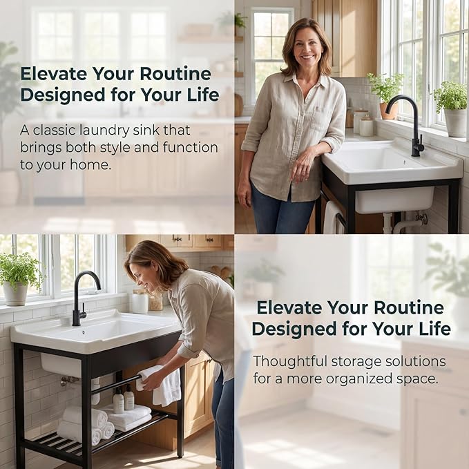 Freestanding Laundry Utility Sink, 28.3" x 19" x 32.3" Ceramic Utility Sink with Washboard Set with Bracket and Drain Kit for Laundry Room, Utility Room, Garage, Basement, Outdoor and Indoor