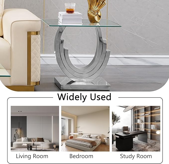 HomVent 22.83" Glass End Table, Living Room Tables, Modern Silver Tempered Glass Top Side Tables Bedroom, Square Small Bed Bedside Eating Table Nightstand for Home Office with Stainless Steel Base