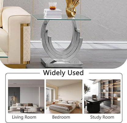 HomVent 22.83" Glass End Table, Living Room Tables, Modern Silver Tempered Glass Top Side Tables Bedroom, Square Small Bed Bedside Eating Table Nightstand for Home Office with Stainless Steel Base