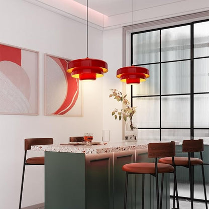 Red Pendant Light, Industrial Metal Pendant Light Fixtures, 3-Layer Shade Design, 13.8-inch Dome, Red Finish, Kitchen Light Fixtures for Dining Table