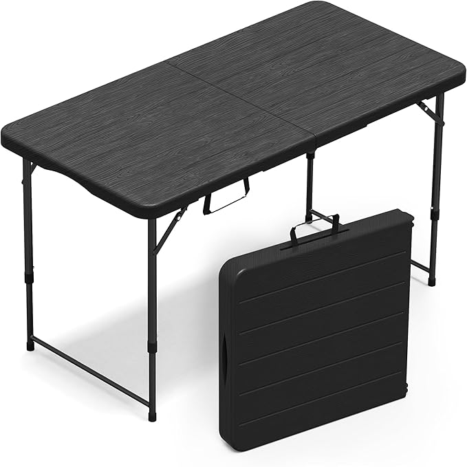 Folding Table 4 Foot for Indoor Outdoor, Portable Heavy Duty Fold-in-Half Utility Small Plastic Adjustable Height Folding with Carrying Handle for Picnic Camping and Party, Matte Black