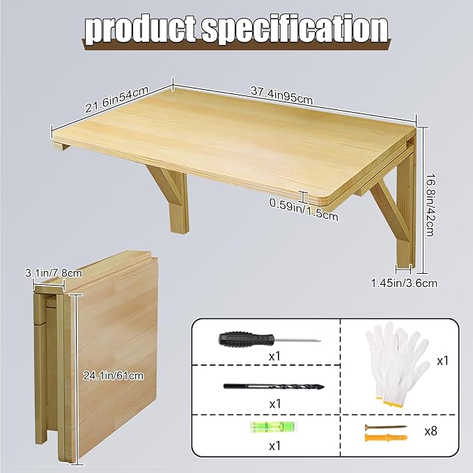 MM MELISEN Wall Mounted Folding Table for Laundry Room, Wall Mounted Fold Down Desk for Small Saving Spaces, Kids Floating Desk for Dining, Room, Study, Kitchen, Dinner, Bar, 95X55CM/37.4"X21.6"-2